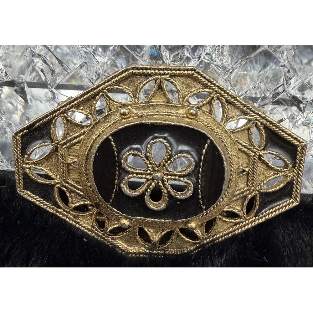 Black Enamel Brooch Gold Tone Ornate Flower Scroll Design Vintage